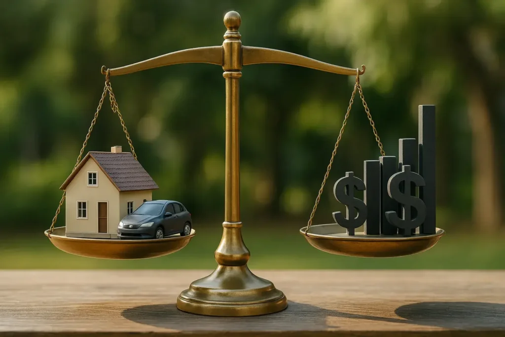balança com casa e carro de um lado e símbolos de dinheiro do outro