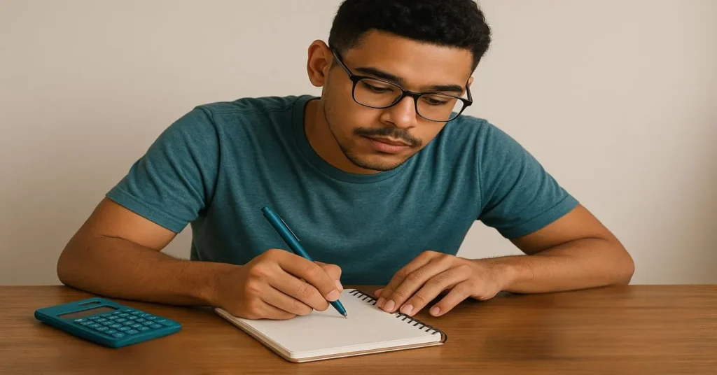 homem jovem concentrado organizando orçamento pessoal com calculadora e caderno
