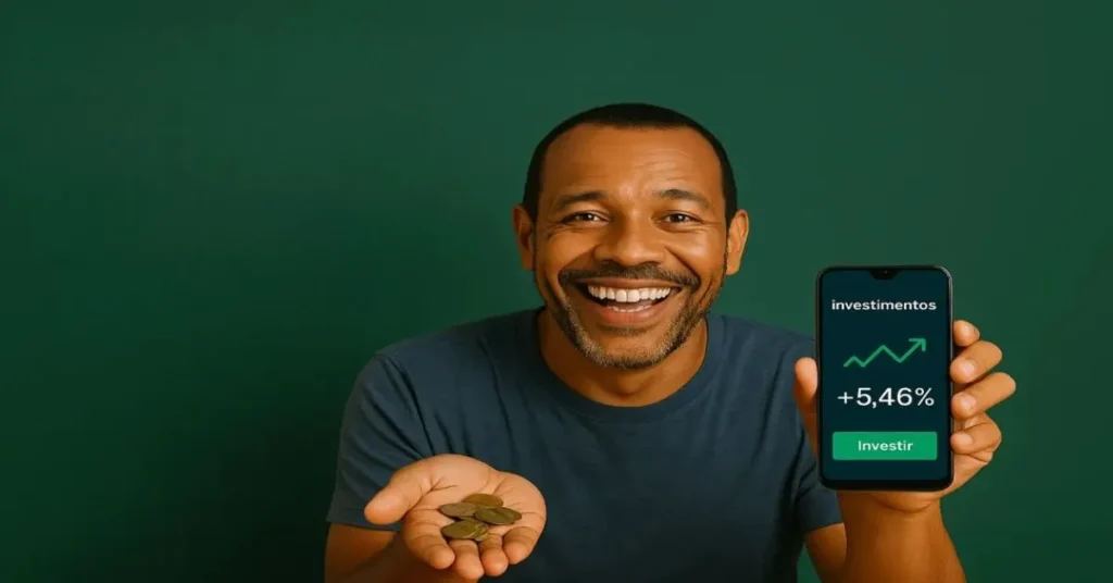 homem sorrindo com moedas na mão e celular com app para investir