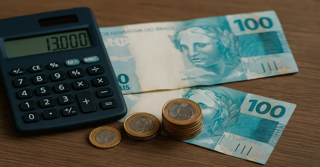 dinheiro brasileiro caindo sobre fundo azul representando liberdade financeira com o 13º salário
