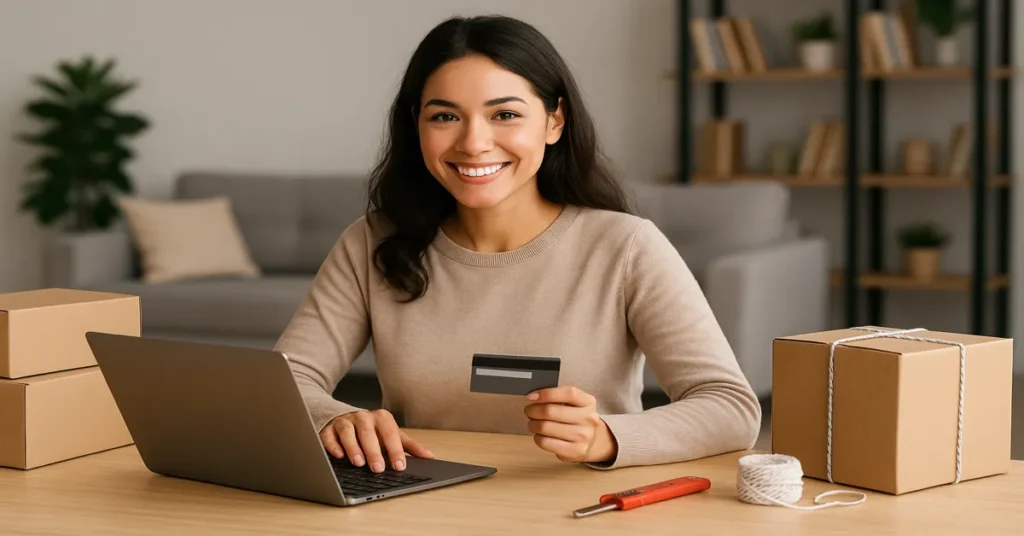 jovem brasileira usando notebook em casa com cartão de crédito na mão e uma caixa de entrega ao lado aprendendo a vender na internet