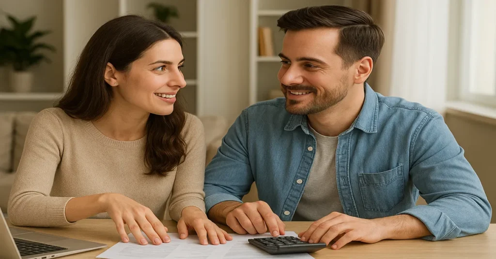 casal feliz planejando as finanças juntos com notebook e calculadora para representar os segredos dos casais inteligentes com dinheiro