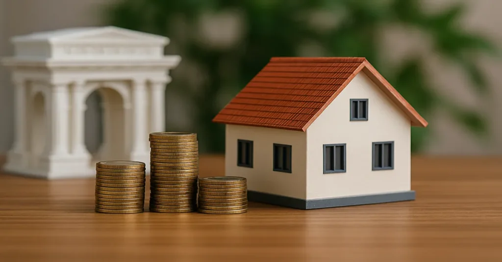 miniatura de uma casa e pilhas de moedas simbolizando fundos imobiliários e renda passiva
