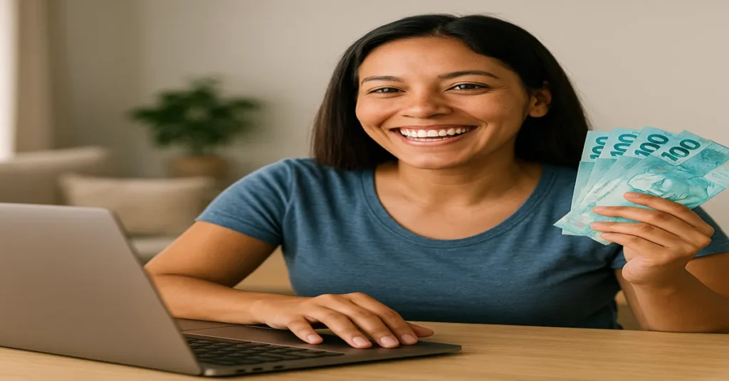 mulher brasileira feliz usando notebook e segurando dinheiro representando o sucesso ao investir no tesouro direto