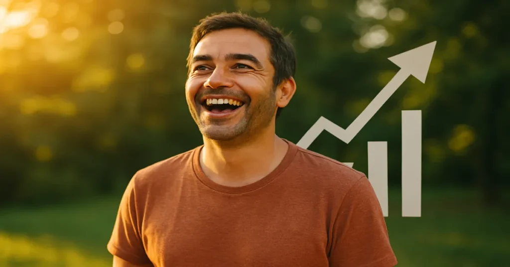 homem simples feliz com liberdade financeira representando progresso econômico
