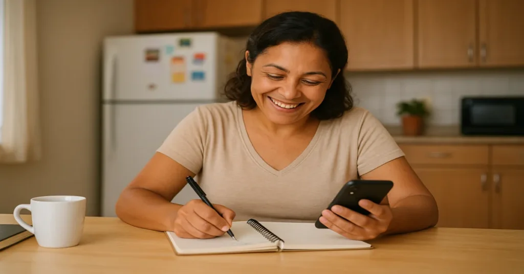 mulher brasileira anotando orçamento em casa com calma