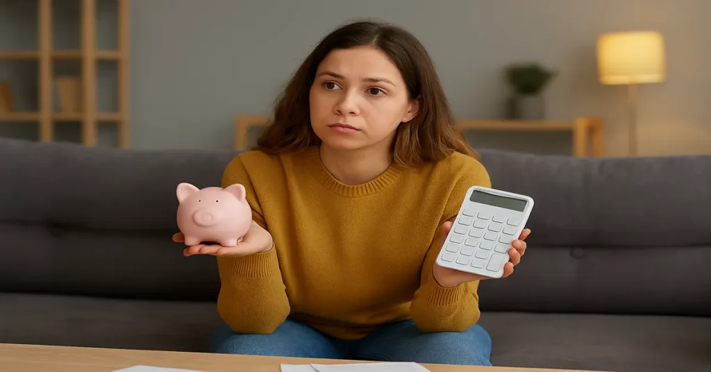 mulher segurando cofre e calculadora sentada na sala com contas em cima da mesa
