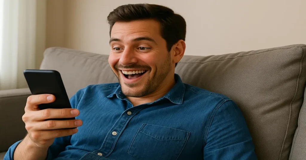 homem entusiasmado usando 5 apps que funcionam pra cortar gastos