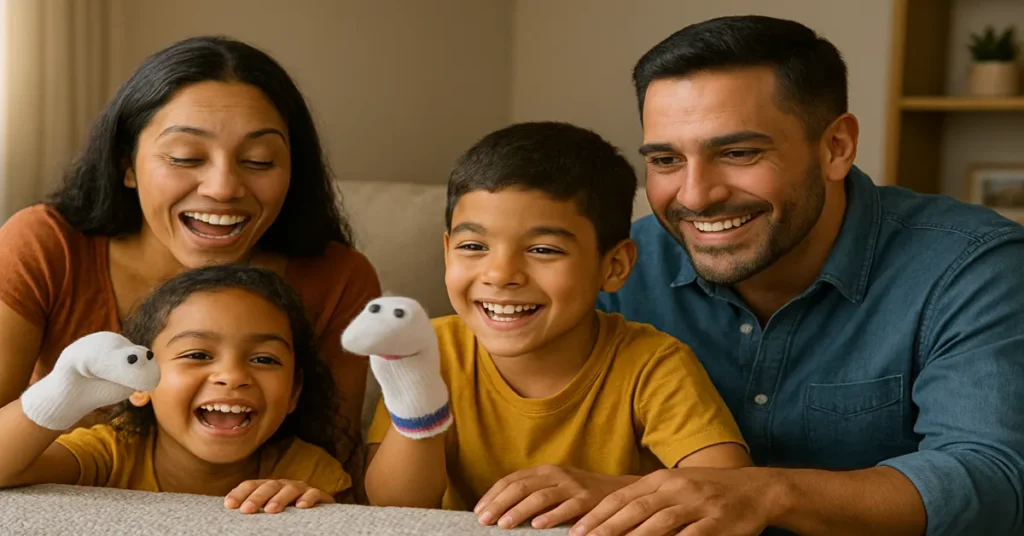 Família brincando com fantoches de meia em casa, se divertindo e mostrando que é possível economizar com crianças em casa sem cortar diversão