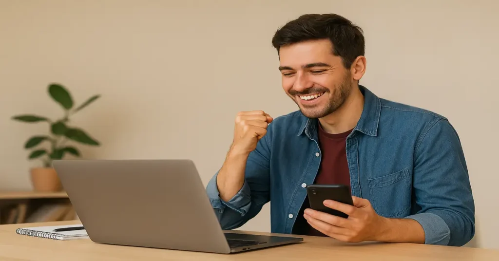 homem jovem com notebook na mesa e celular na mão comemorando resultado positivo do seu trabalho como social media