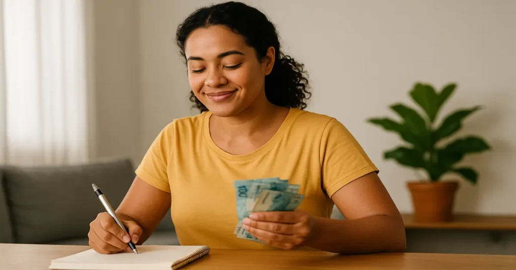 mulher que sabe organizar seu salário fazendo anotações com dinheiro na mão