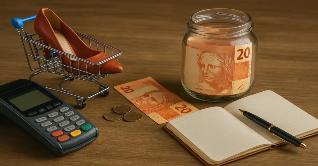 Notas de 20 reais dentro de pote de vidro com itens de consumo e calculadora sobre mesa de madeira, representando controle financeiro pra quem quer parar de comprar por impulso
