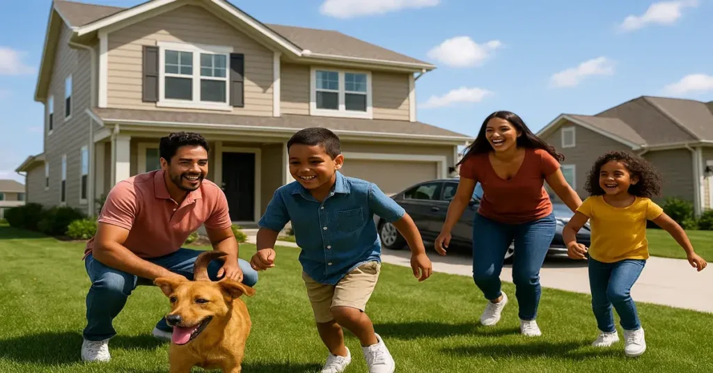 família formada por pai, mãe, duas crianças e um cachorro vira-lata caramelo em frente à casa deles, com carro estacionado sobre gramado em um bairro bonito, sem muros altos nem portões grandes num dia de sol simbolizando grandes sonhos realizados