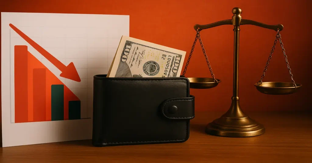 balança da justiça com carteira e gráfico apontando tendência de queda para representar dívidas com bancos