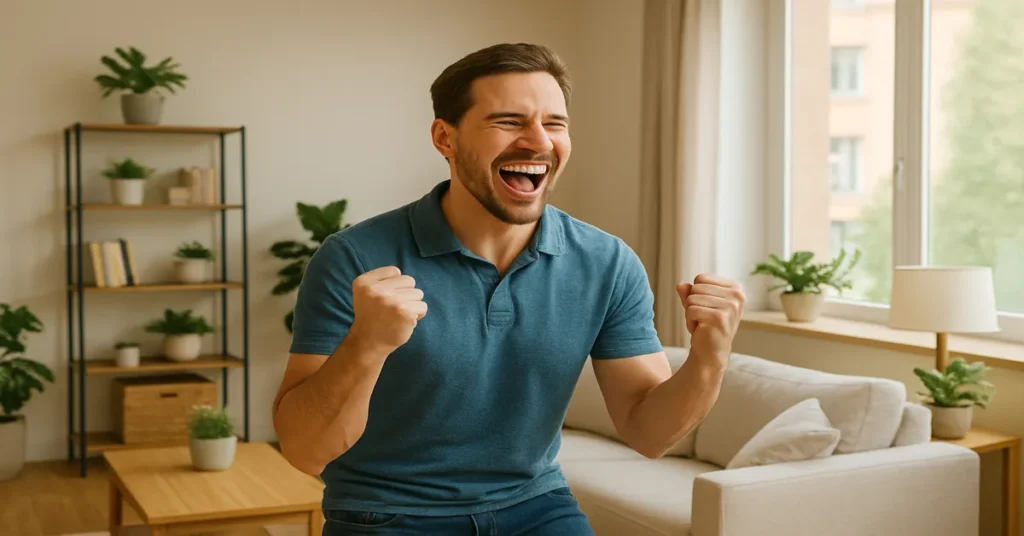 homem feliz comemorando a liberdade financeira pra ilustrar o artigo "Dívidas: Como Ficar Livre Delas"