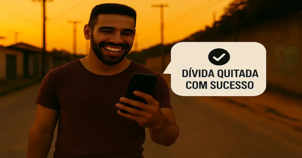 homem feliz ao receber no celular notificação de dívida quitada com sucesso