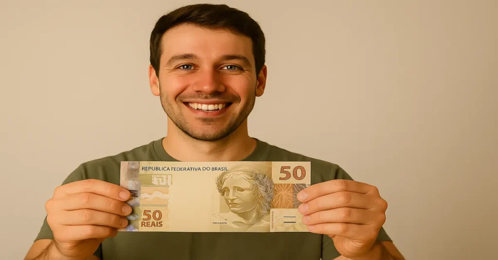 homem sorridente segurando nota de dinheiro com as duas mãos pra investir 50