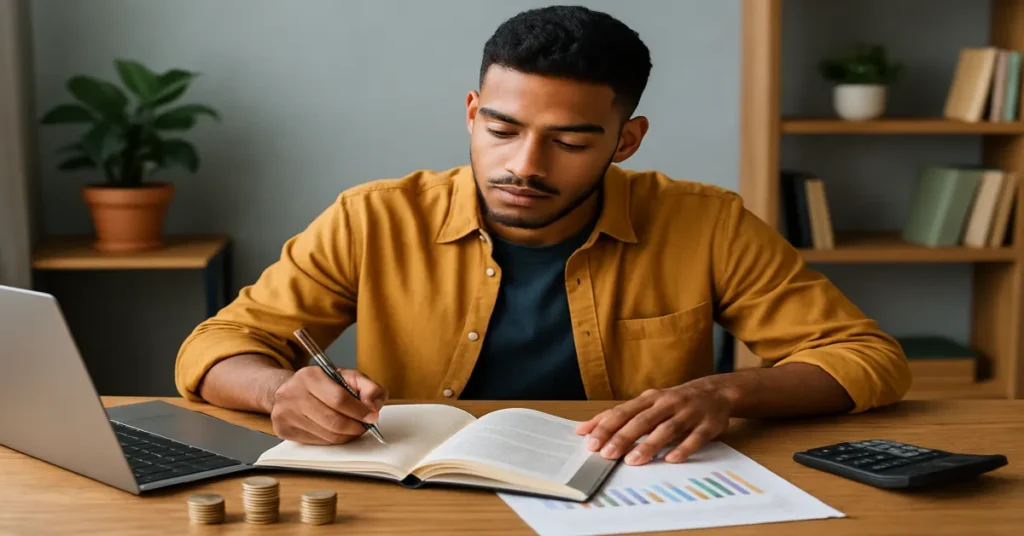 jovem com notebook, calculadora, caneta e papel começando a investir do zero