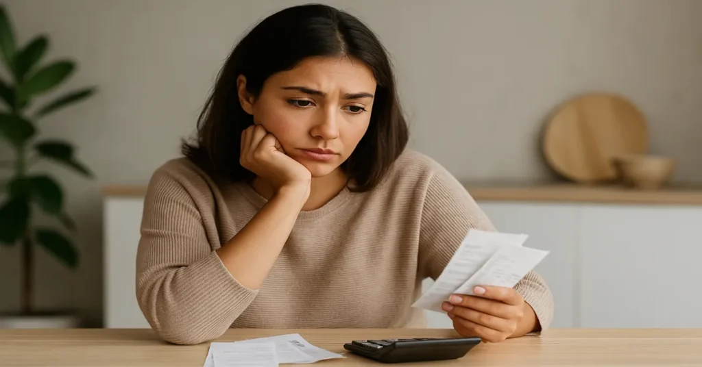 mulher pensativa segurando boletos e calculadora pra decidir se é melhor investir ou pagar dívidas
