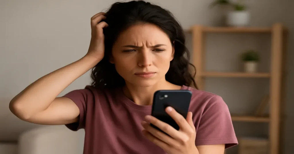 mulher segurando um celular e olhando pra ele com expressão de dúvida sobre como investir do zero com pouco dinheiro
