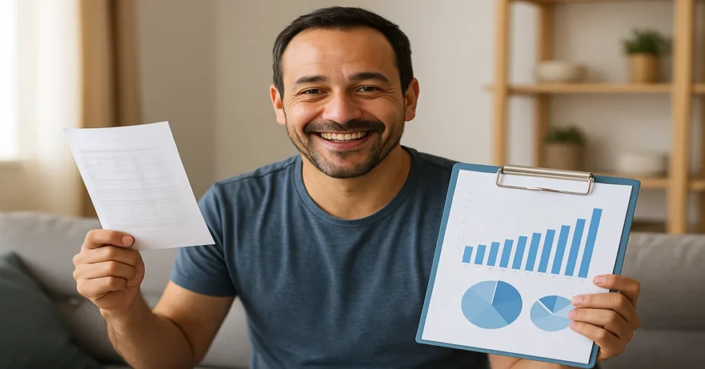 homem sorrindo com planilha na mão que mostra resultados positivos do planejamento financeiro simplificado