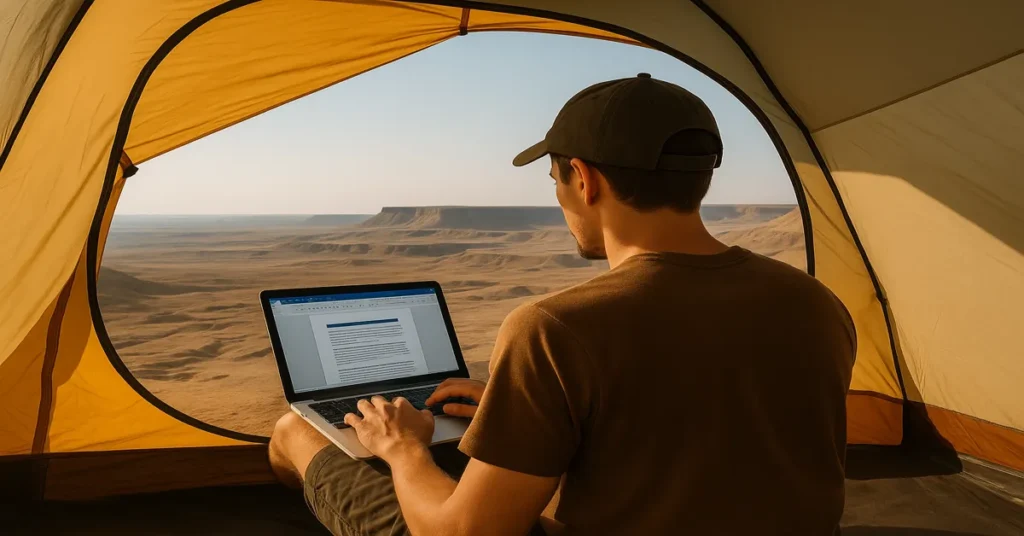 homem fazendo renda extra online com notebook em barraca de acampamento no deserto