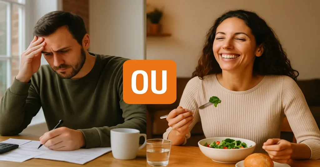 homem e mulher em momentos contrastantes que ilustram o conceito "quite suas dívidas e viva bem": ele preocupado com contas, ela aproveitando a refeição com leveza