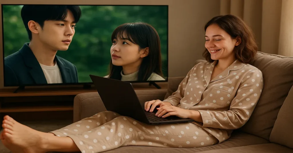 mulher feliz com pijama de bolinhas trabalhando no marketing digital com notebook no colo, ganhando renda extra em casa, deitada em sofá aconchegante e assistindo Dorama na TV