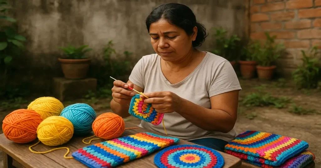 mulher fazendo artesanato com crochê pra ganhar renda extra