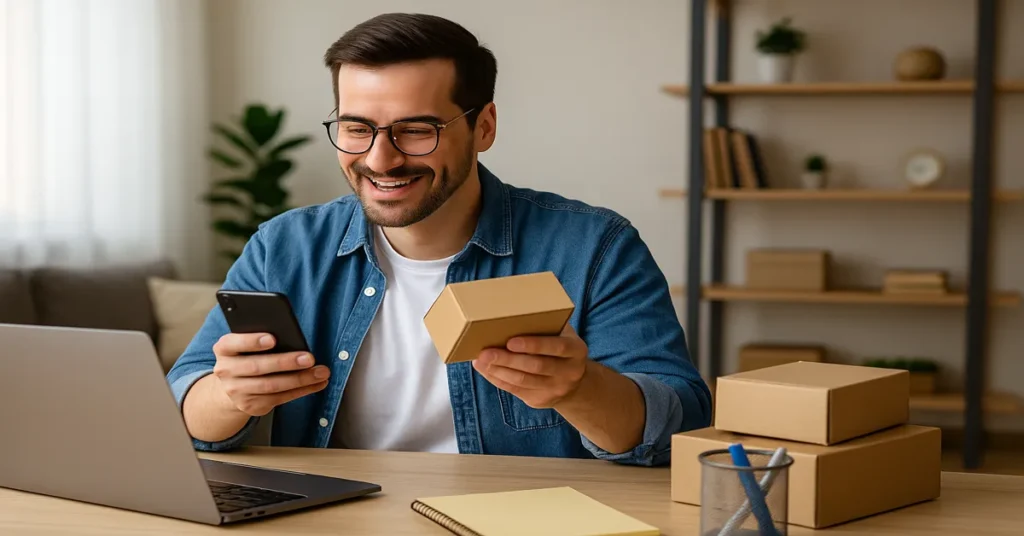 homem jovem sorrindo com celular na mão e pacotes de vendas ilustrando o artigo Renda Extra Pra Ganhar Dinheiro Logo