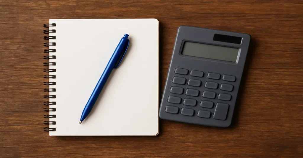 caneta, caderno e calculadora pra planejar sem ganhar muito